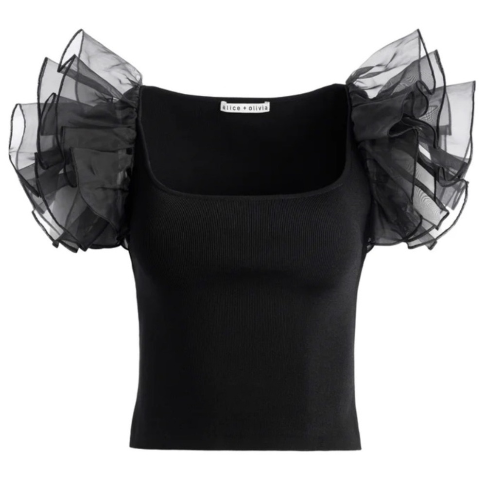 Alice + Olivia Black Sheer Ruffle Sleeve Blouse